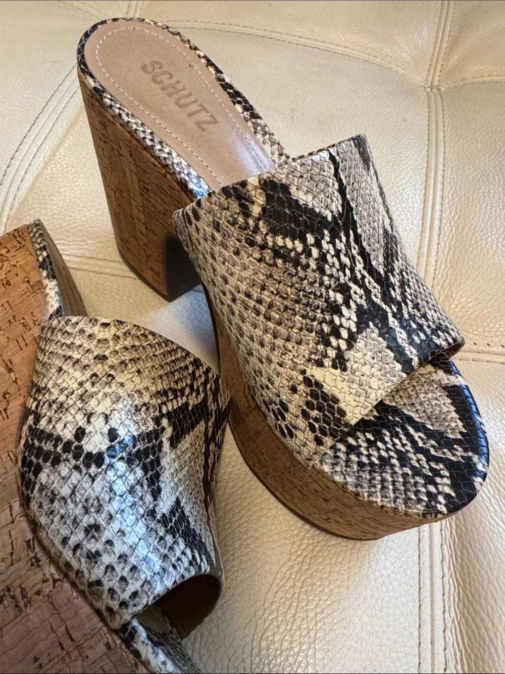 SCHUTZ Women's Snake Print & Cork Platform Mules - Size 7